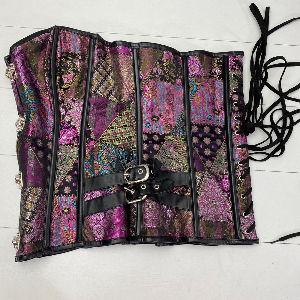 Charmian Patchwork Brocade Corset Top Womens 4XL Purple Steampunk Buckle Goth - Picture 5 of 13